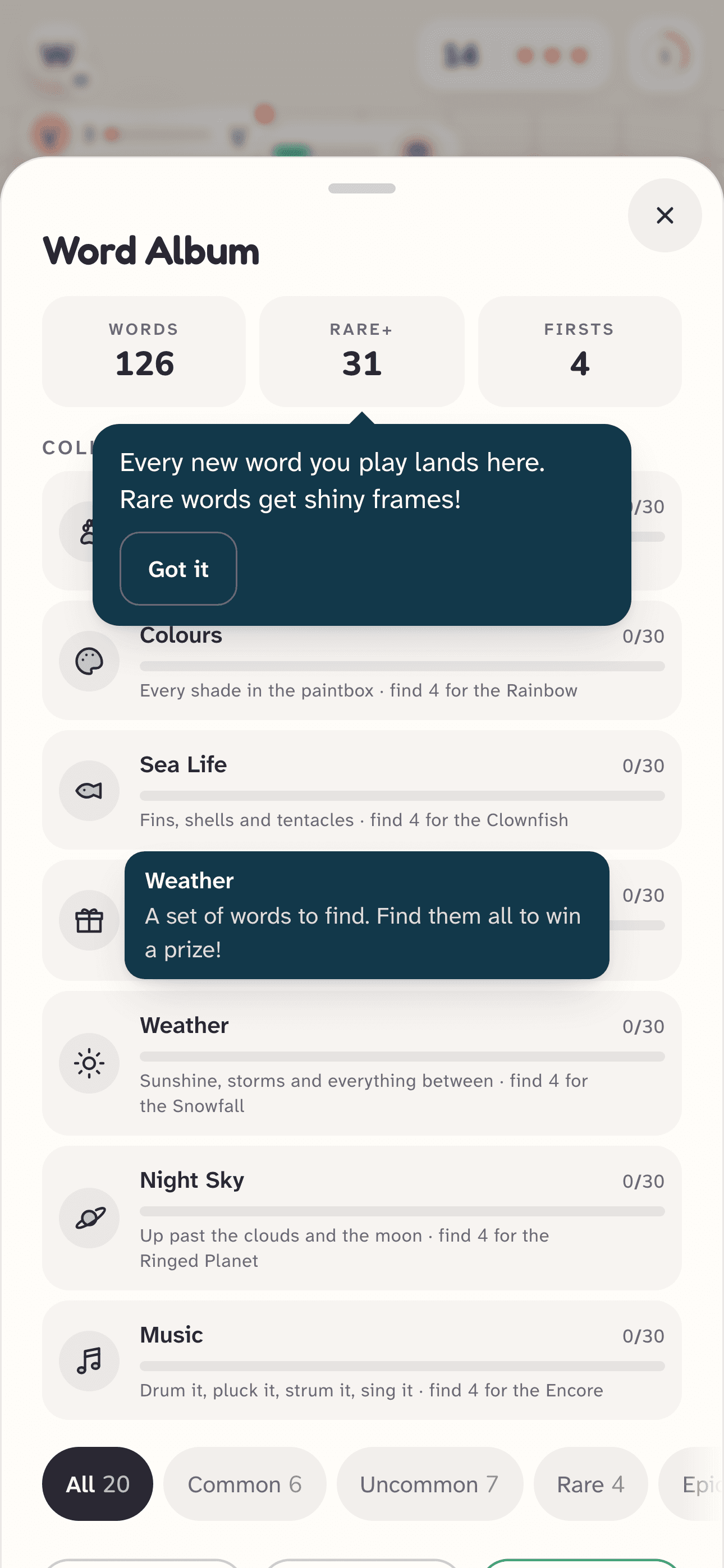 The Word Album on a phone: words like TIDES, ZEPHYR, QUARTZ and JOKER, each tagged Common, Rare, Epic or Legendary, two marked World first.