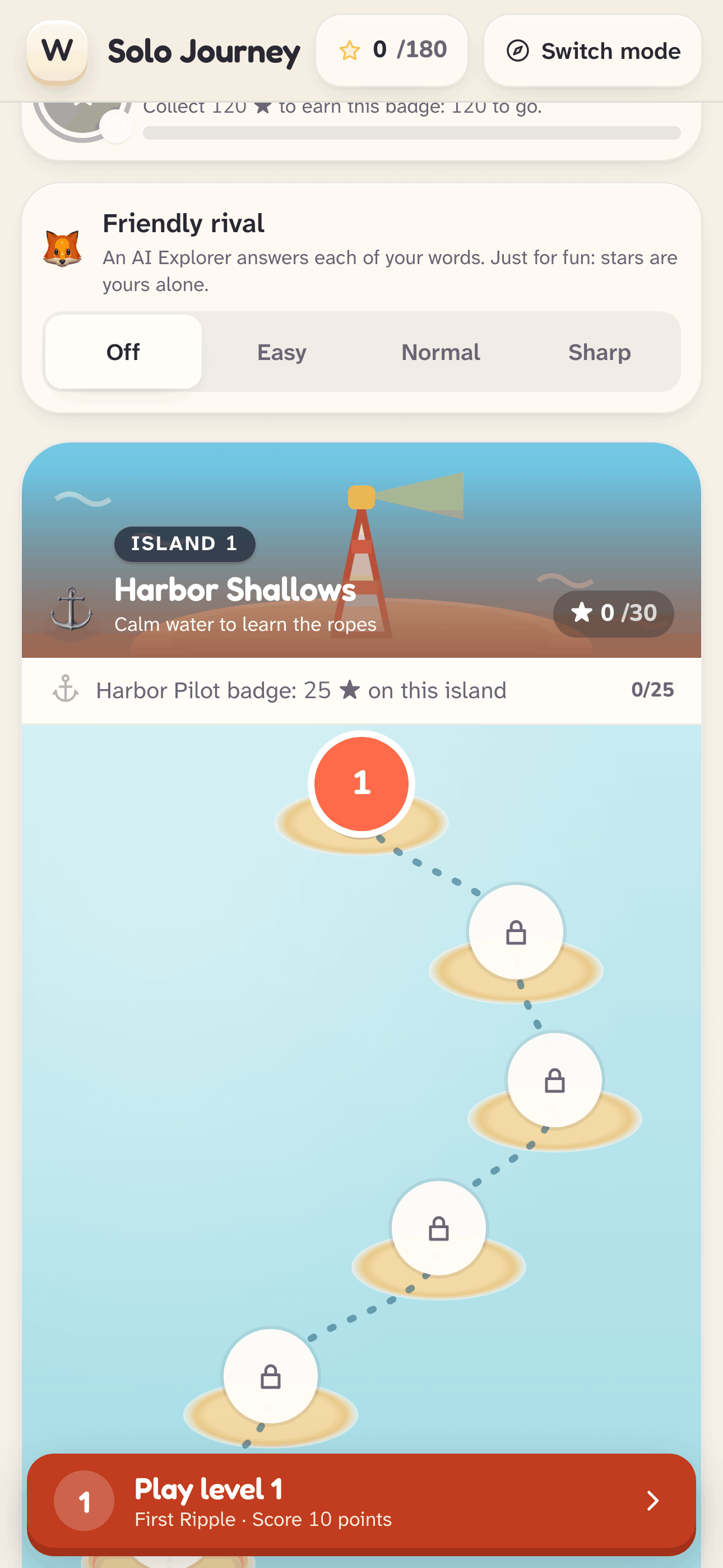 Solo Journey on a phone: the Harbor Shallows island card and a winding path of level stepping stones.