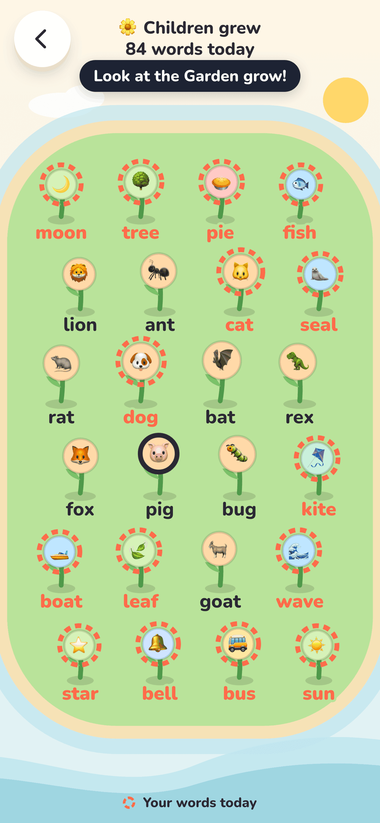 The Little Tide Garden: flowers for words like moon, cat, dog and fish, under the line “Children grew 158 words today”.