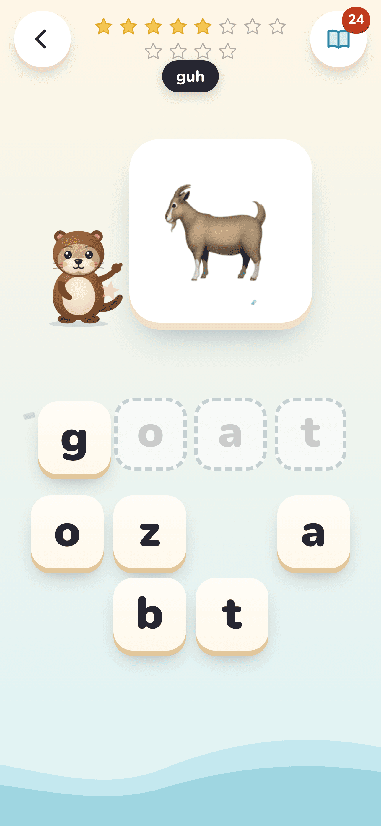 Little Tide on a phone: a bear picture and the letters b, e, a, r to drag into place, with Tidy the otter beside it.
